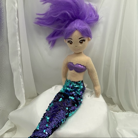 Aurora Mermaid Soft Stuffed with Sequined Tail Embroidered Eyes Lavender Hair - Picture 2 of 5
